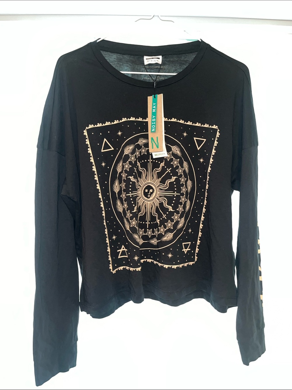 Noisy May Black Long Sleeve Sun & Stars Graphic Tee with Gold Print